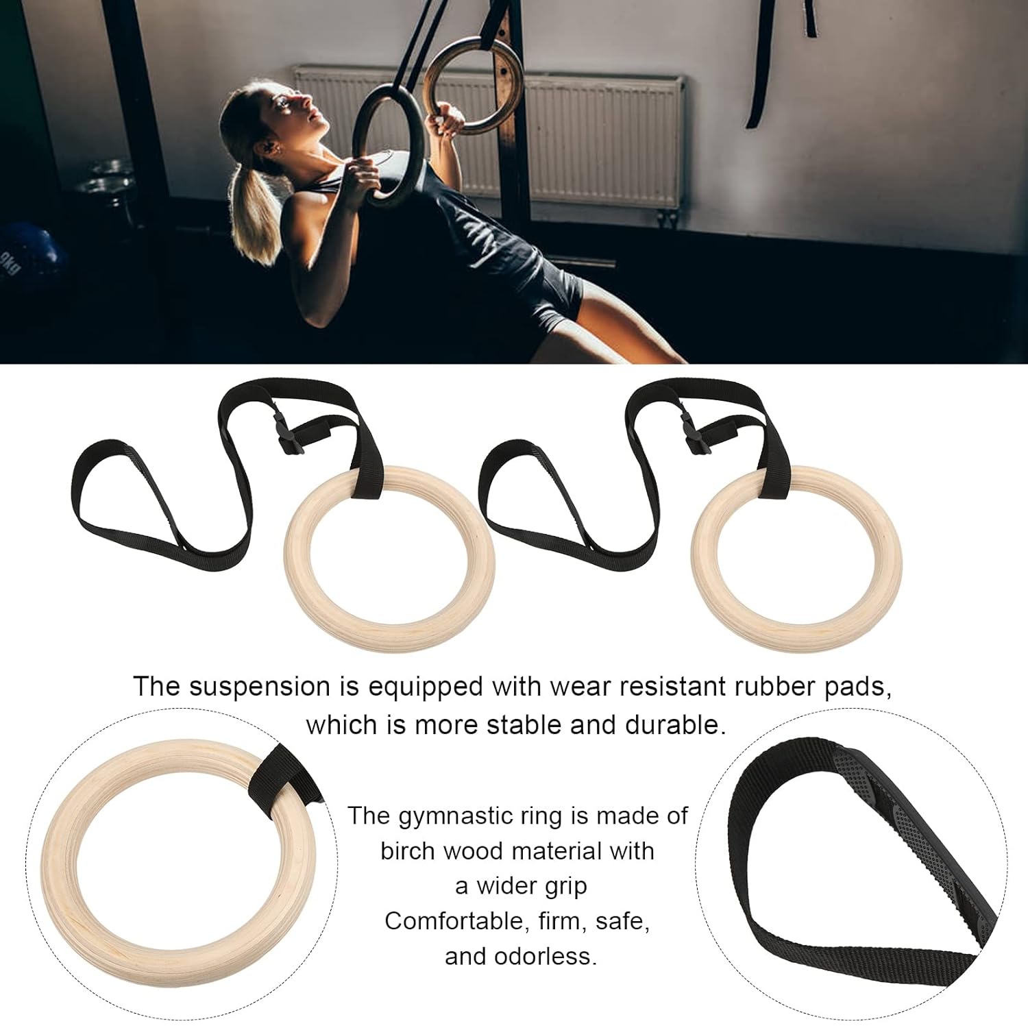 1 Pair Wooden Calisthenics Rings, Wooden Gymnastic Rings with Straps Exercise Gym Rings Athletic Rings Pull Up Training Rings Gymnastics Equipment for Home, Adults and Kids