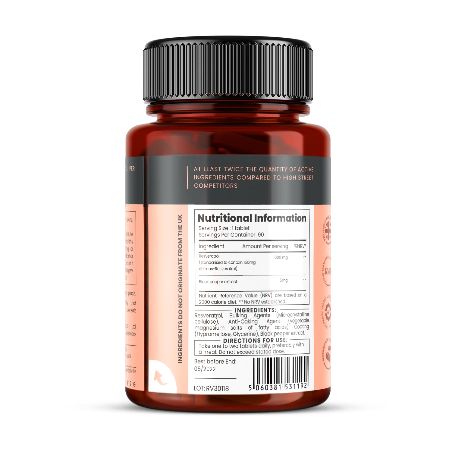 1000mg Resveratrol x 90 Tablets (3 Months’ Supply). 10 x Strength w/Black Pepper Extract