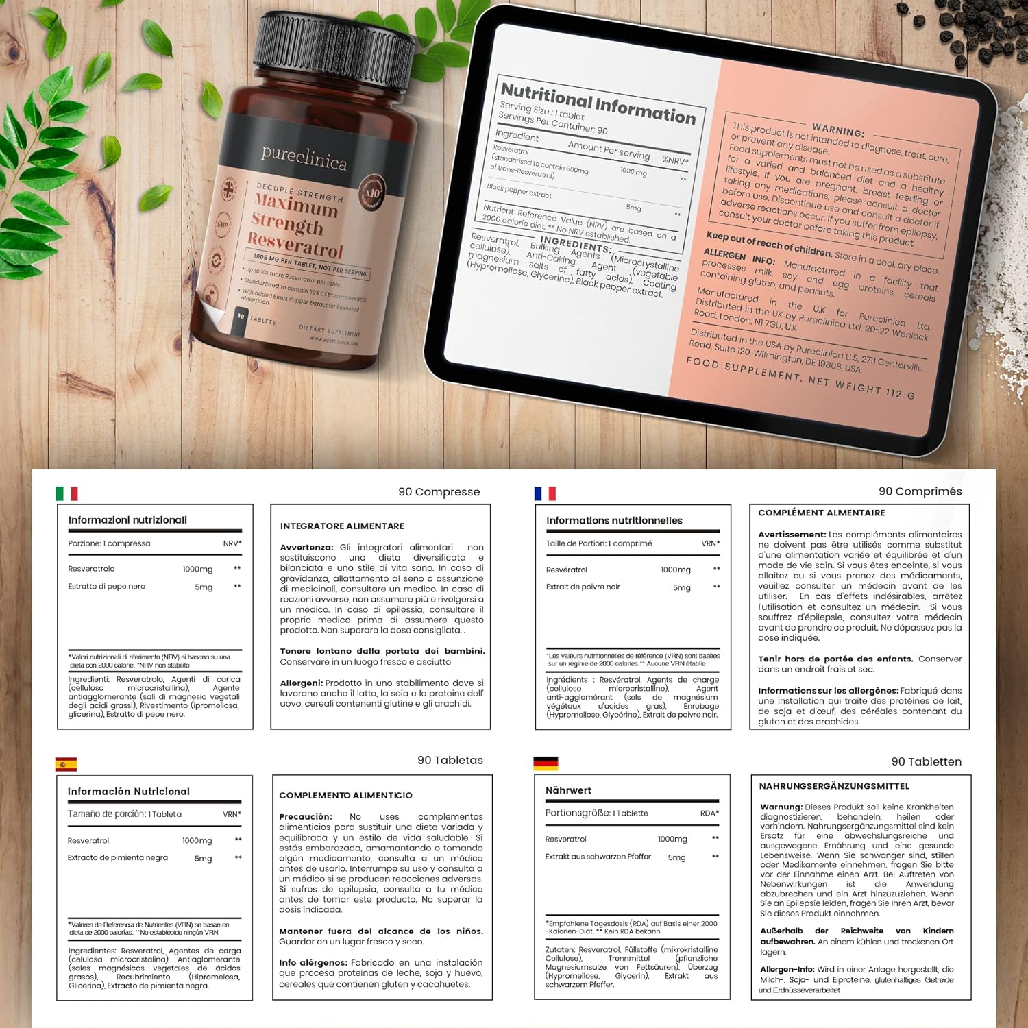 1000mg Resveratrol x 90 Tablets (3 Months’ Supply). 10 x Strength w/Black Pepper Extract