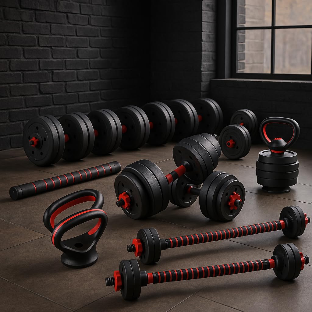 6 in 1 Dumbbell Adjustable Weight Lifting Barbell Bar Kettlebell Weights Set | Bodybuilding Barbell Bench Press Exercise Fitness Training Home Gym Workout Dumbbells Set