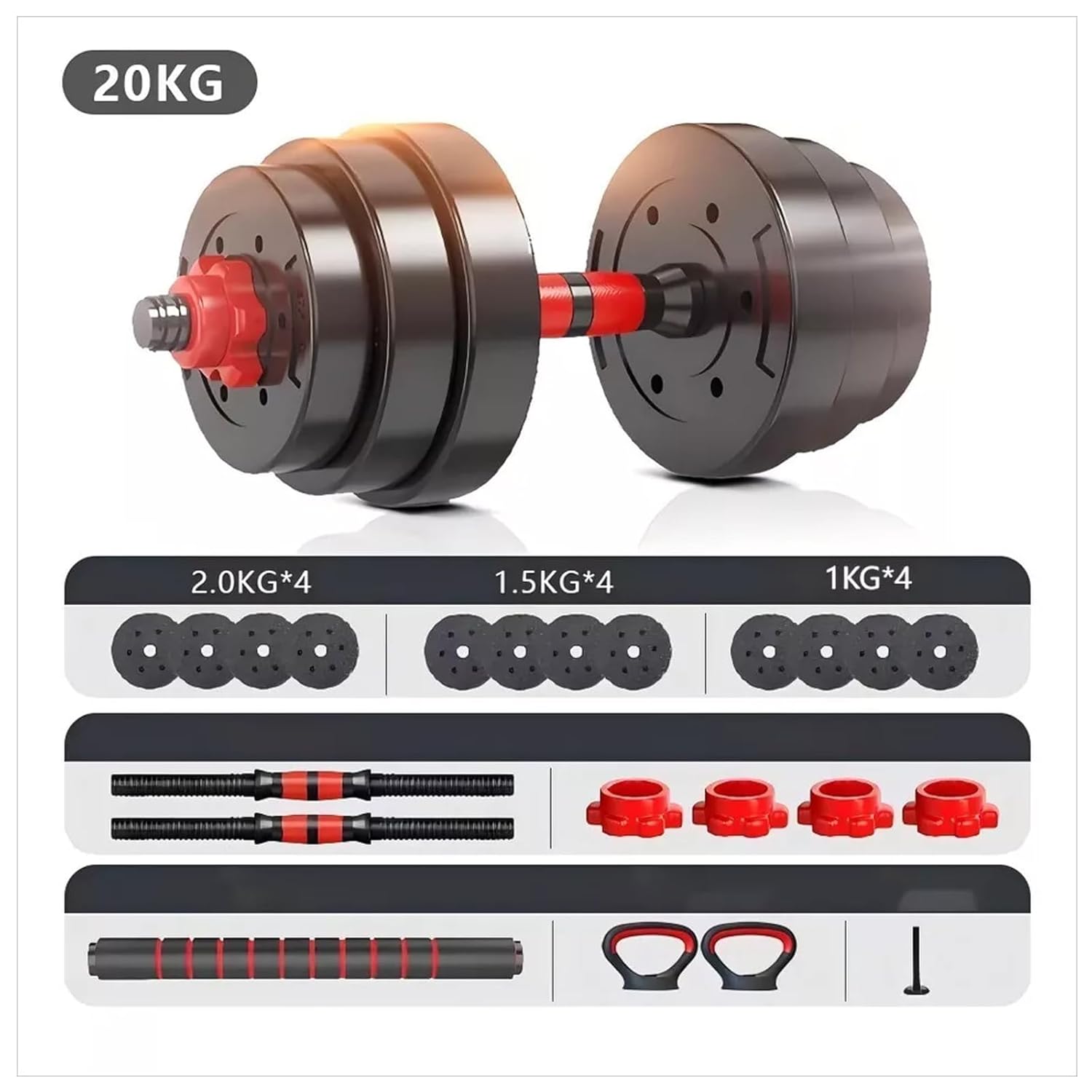 6 in 1 Dumbbell Adjustable Weight Lifting Barbell Bar Kettlebell Weights Set | Bodybuilding Barbell Bench Press Exercise Fitness Training Home Gym Workout Dumbbells Set
