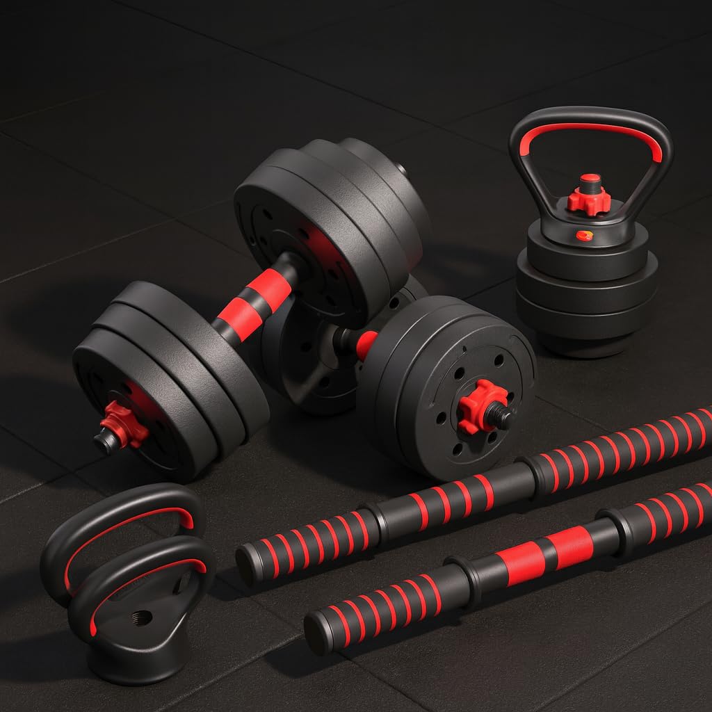 6 in 1 Dumbbell Adjustable Weight Lifting Barbell Bar Kettlebell Weights Set | Bodybuilding Barbell Bench Press Exercise Fitness Training Home Gym Workout Dumbbells Set
