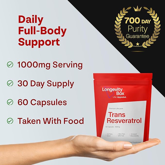Longevity Box Trans Resveratrol 1000mg – 60 Capsules – 99% Pure, Vegan & Non-GMO - Image 3