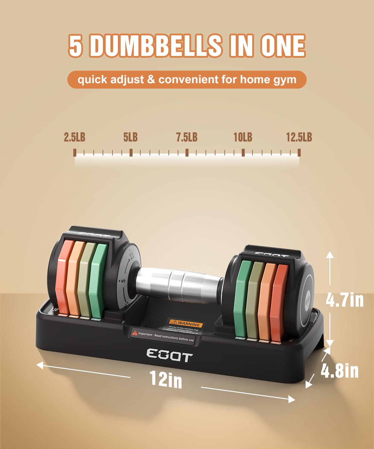 Adjustable Dumbbells Set of 2, 12.5LB/22.5LB/55LB 5 in 1 Free Adjustable Dumbbell Set with Anti-Slip Handle & Rainbow-colored Weight Plates for Home Gym, Weight Set for Women Men