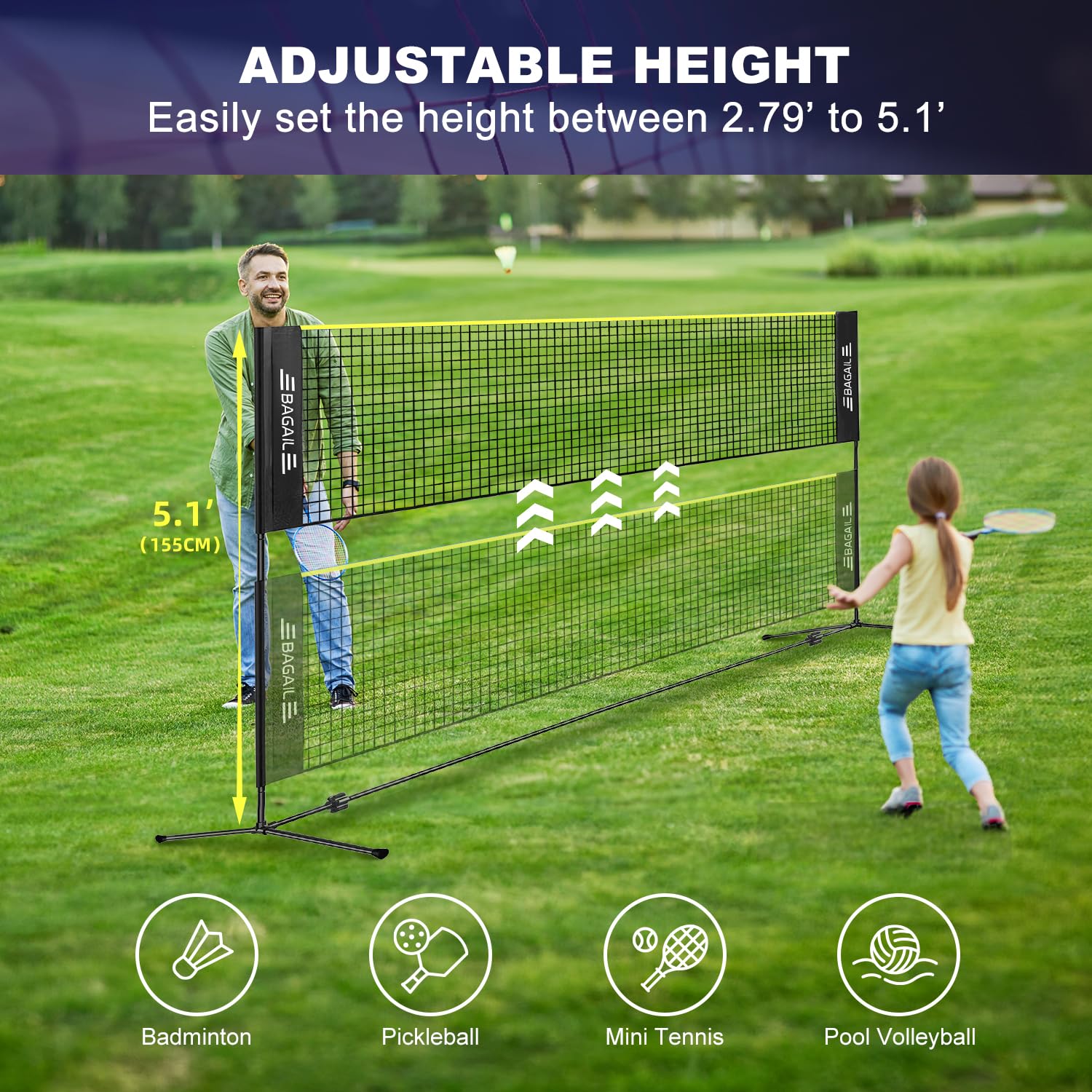 BAGAIL Badminton Net, Foldable Nylon Net, Hieght Adjustable Stand and Portable Carry Bag, Easy to Assemble or Disassemble, Ideal Recreational Sports Net for Tennis, Kids...