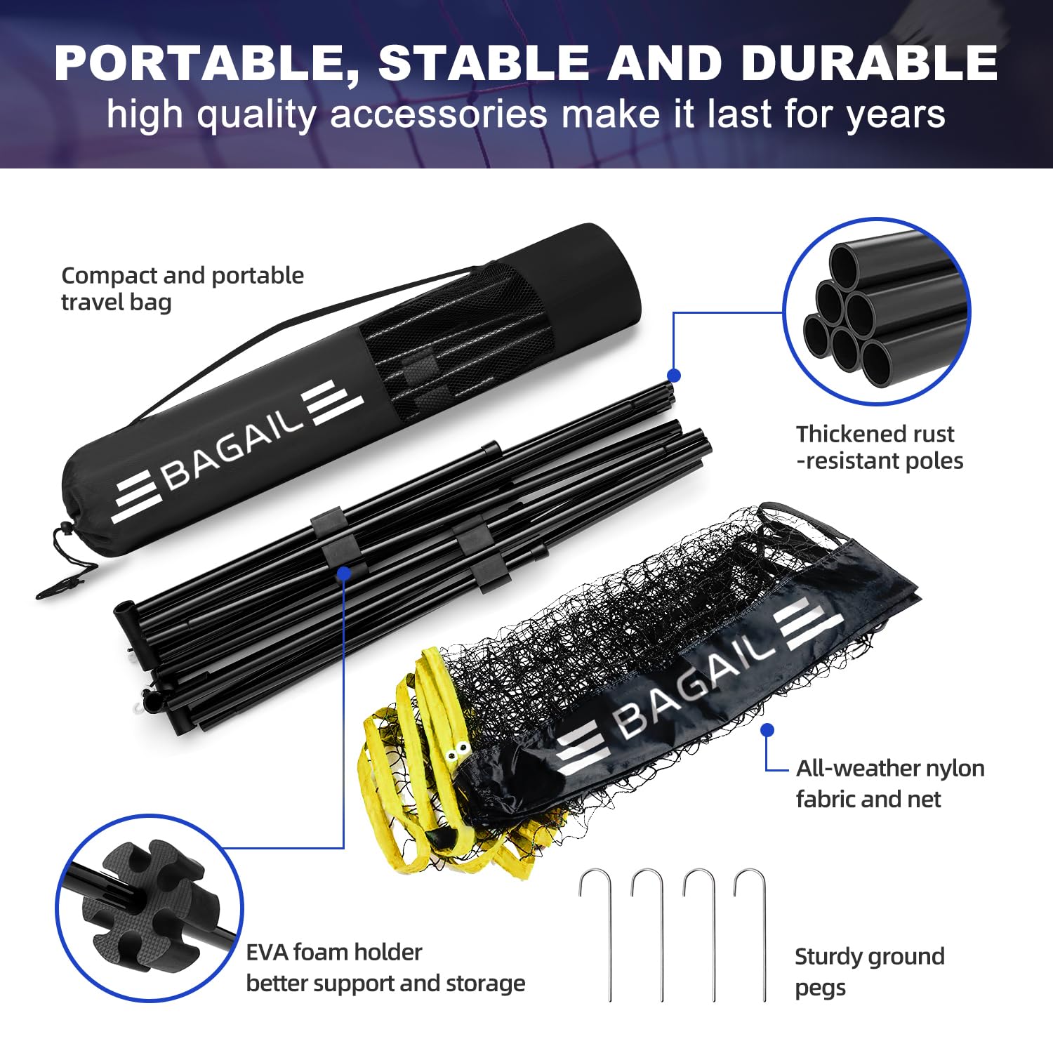 BAGAIL Badminton Net, Foldable Nylon Net, Hieght Adjustable Stand and Portable Carry Bag, Easy to Assemble or Disassemble, Ideal Recreational Sports Net for Tennis, Kids...