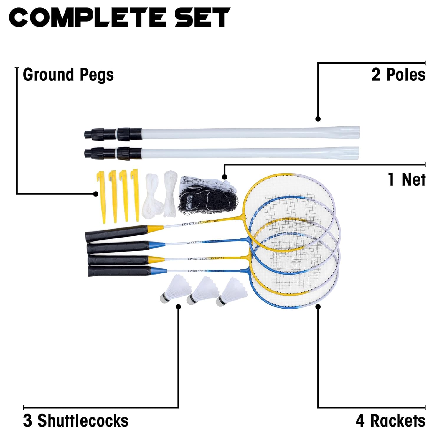 Baseline 4 Player Badminton Set, Includes 4 Rackets, 2 Shuttlecocks, Net and Poles, Outdoor Garden Game for Kids & Families, Portable with Carry Bag