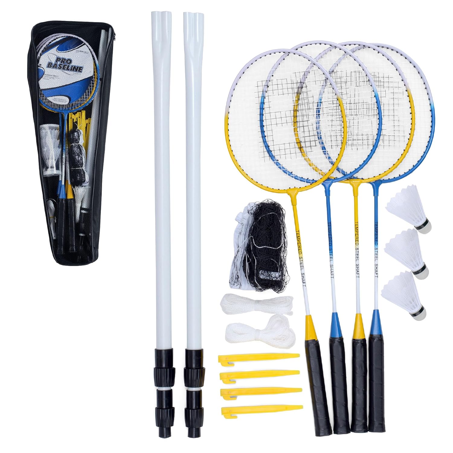 Baseline 4 Player Badminton Set, Includes 4 Rackets, 2 Shuttlecocks, Net and Poles, Outdoor Garden Game for Kids & Families, Portable with Carry Bag
