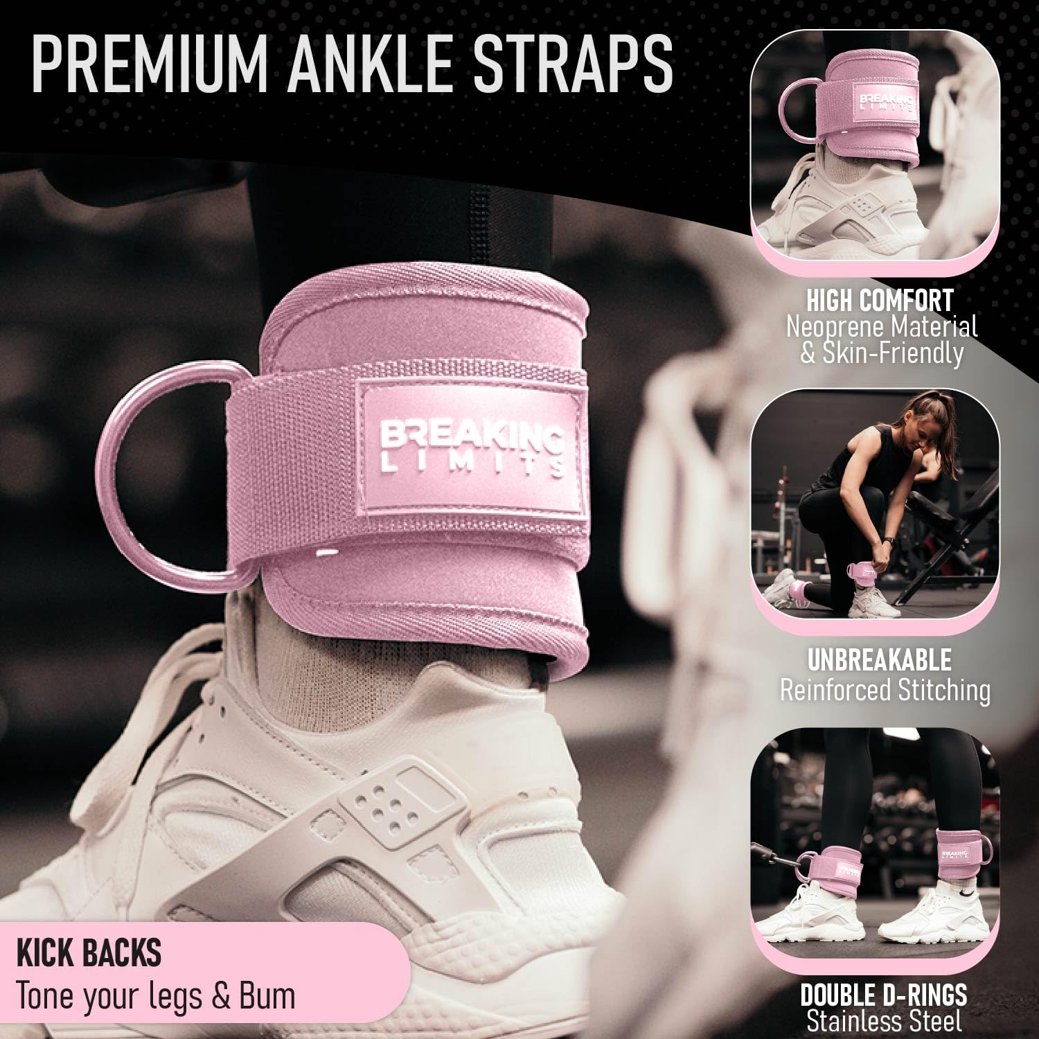 Breaking Limits Ankle Straps for Cable Machines - Gym Ankle Strap Cable Kickback Attachment – Ankle Cuffs Fitness Accessories - Leg Straps Gym Equipment for Men & Women