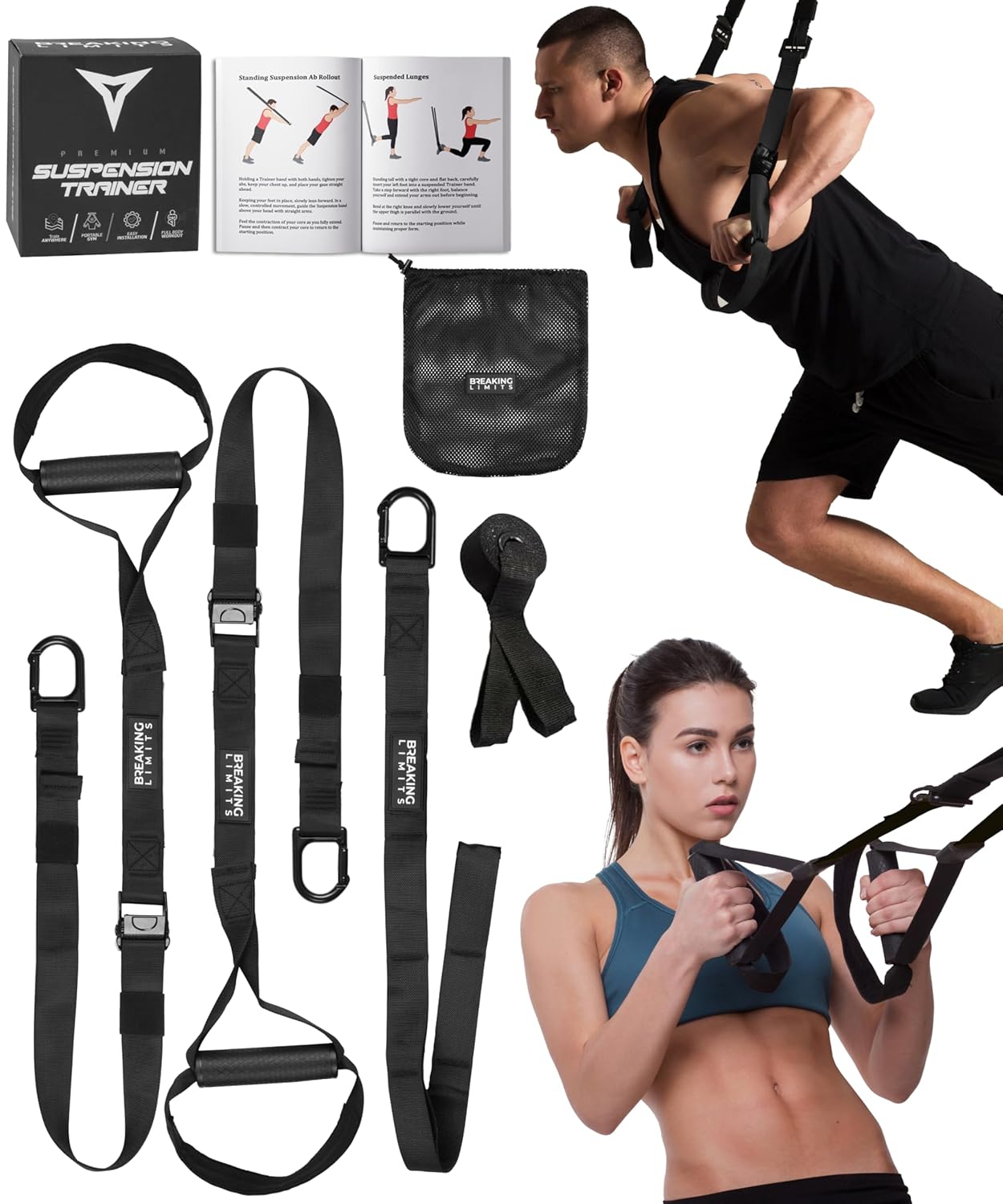 BREAKING LIMITS Sling Trainer for Home - Full Body Training - Suspension Trainer Bands - Black