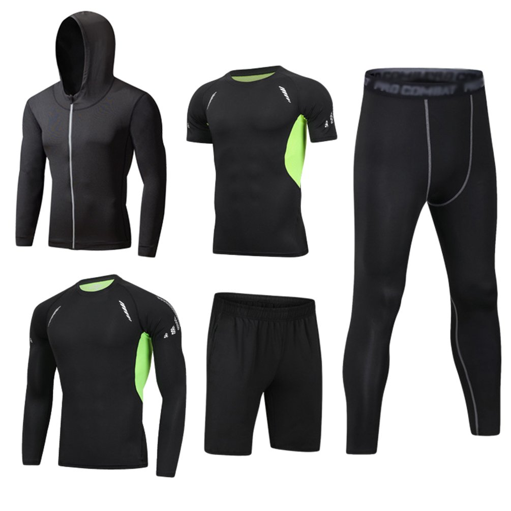 Dooxi Mens 5pcs Sports Gym Fitness Clothing Set Hoodies Jackets+Long Sleeve+Short Sleeve Base Layers T Shirts+Loose Fitting Shorts+Compression Pants for Workout Training Running...