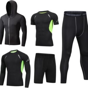 Dooxi Mens 5pcs Sports Gym Fitness Clothing Set Hoodies Jackets+Long Sleeve+Short Sleeve Base Layers T Shirts+Loose Fitting Shorts+Compression Pants for Workout Training Running...