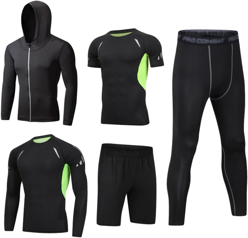 Dooxi Mens 5pcs Sports Gym Fitness Clothing Set Hoodies Jackets+Long Sleeve+Short Sleeve Base Layers T Shirts+Loose Fitting Shorts+Compression Pants for Workout Training Running...
