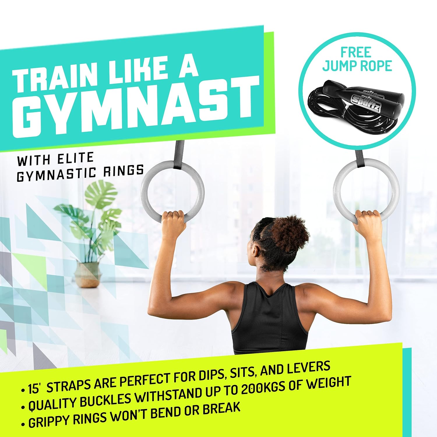 Elite Gymnastic Rings, Our Suspension Trainer has Trustworthy Buckles and Straps, Includes 2 Non-Slip Textured Gymnastics Rings, Reliable Gymnastic Equipment for Adults & Kids