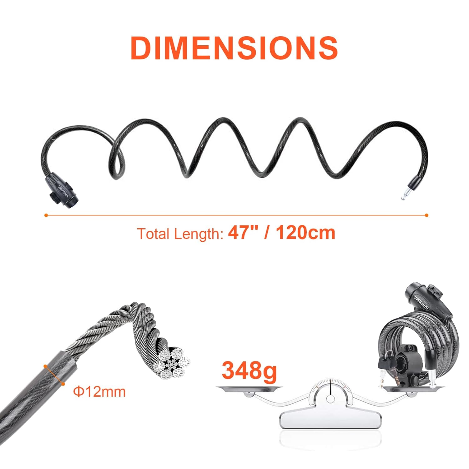 GRIFEMA 120cm Bike Lock with 2 Keys, Bicycle Lock, Cycle Cable Locks Bikes Chain Lock High Security for E-Bike, Bike, Scooter, Skateboard, Gate, Door, Fence GA1204-12