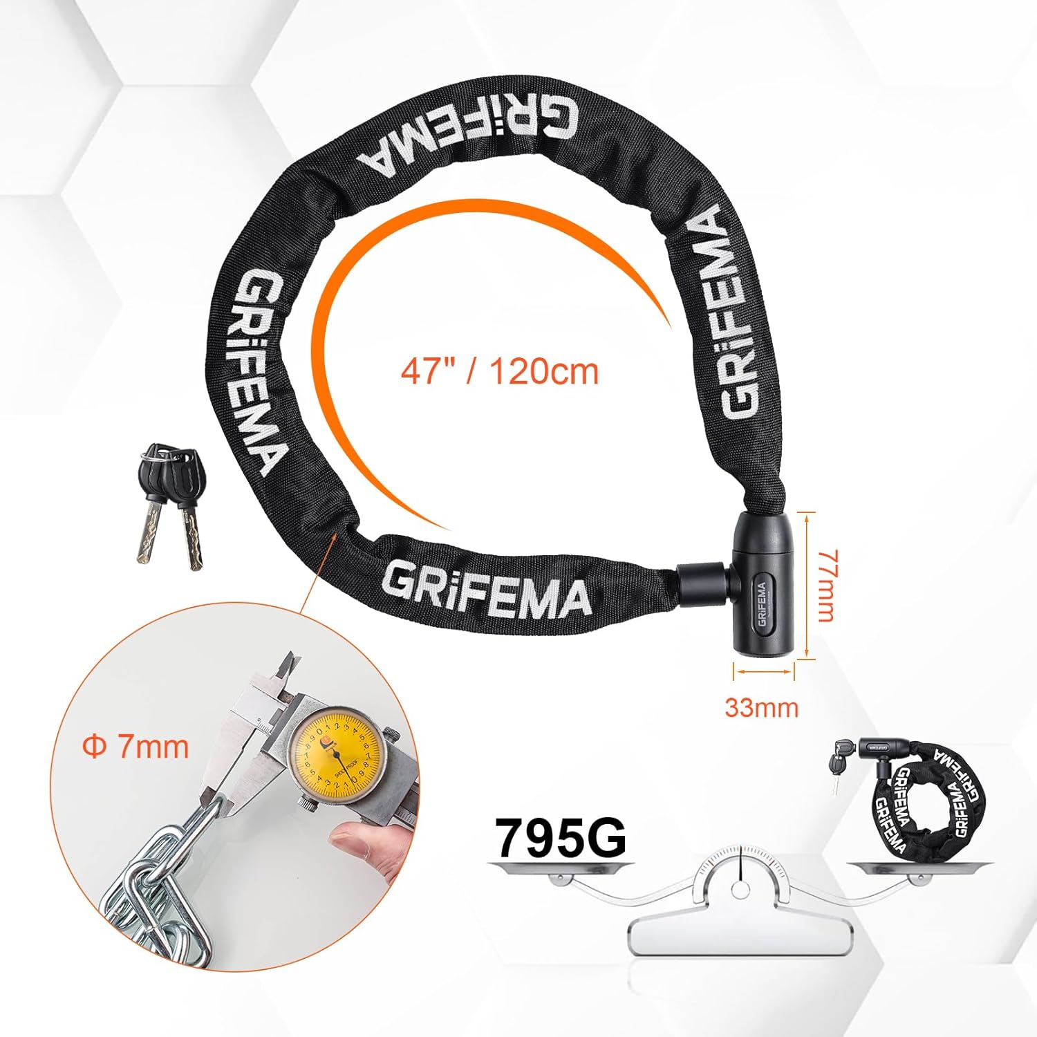 GRIFEMA GA1201-12 Bike Locks High Security with 2 Keys, Bike Chain Lock Heavy Duty, 120cm Bicycle/Cycling Locks for Bike Cycle, Moto, Door, Gate Fence, Black/White