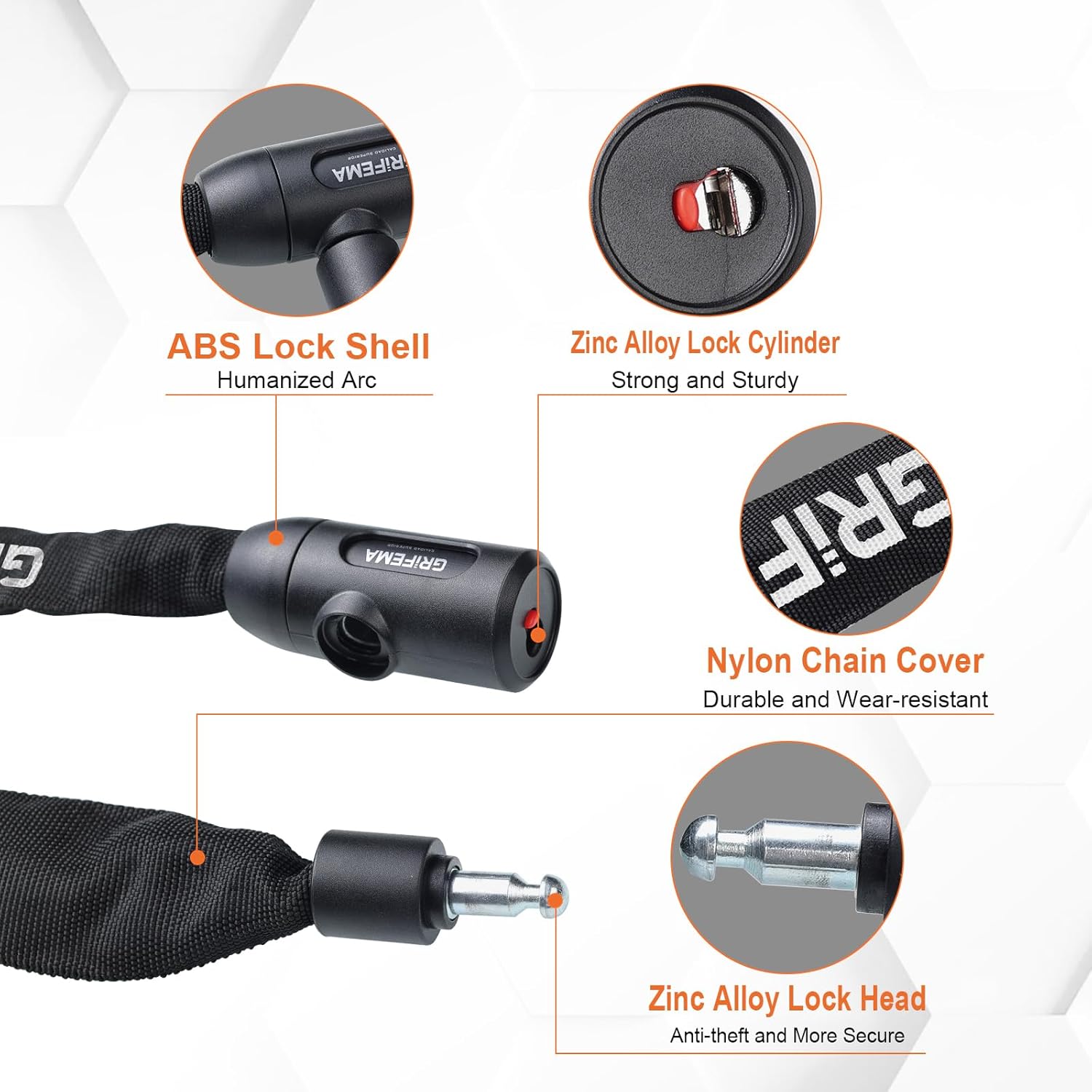 GRIFEMA GA1201-12 Bike Locks High Security with 2 Keys, Bike Chain Lock Heavy Duty, 120cm Bicycle/Cycling Locks for Bike Cycle, Moto, Door, Gate Fence, Black/White