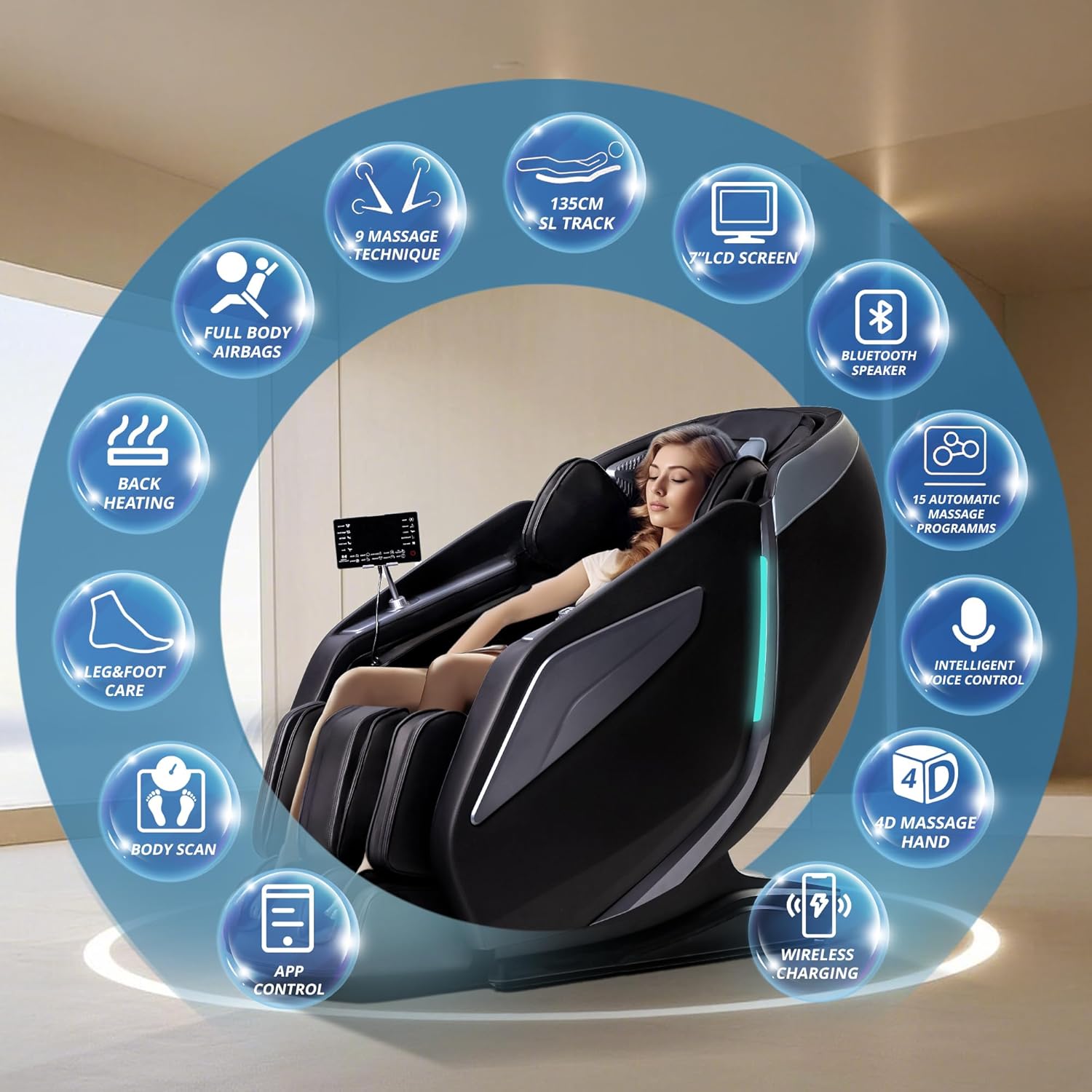 HealthRelife Full Body Massage Chair with Bodyscan 4D Massage Intelligent Shiatsu Massagerecliner with Voice Control Back Heating App Control(Black)