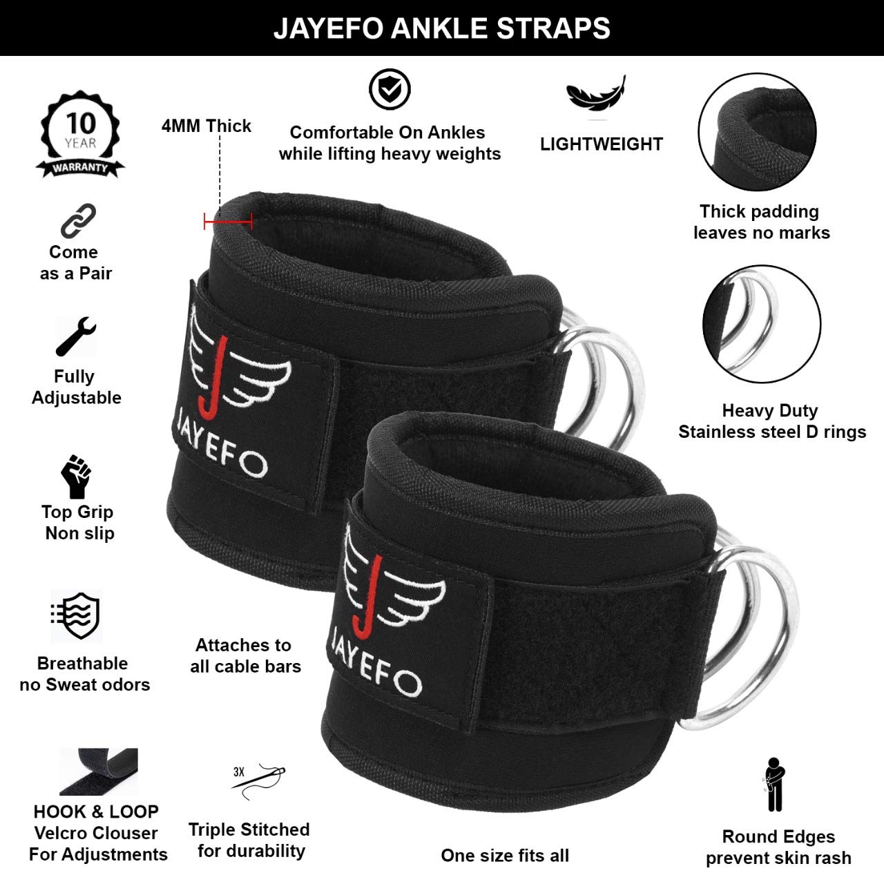 Jayefo Ankle Straps for Cable Machine Attachments - Double D-Ring Gym Ankle Cuff for Abs, Curls, Adjustable One Size Fits All