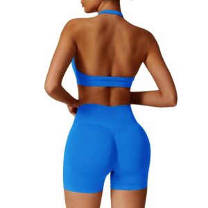 JN JANPRINT Seamless Workout Sets for Women 2 Piece Halter Backless Sports Bras Hidden Scrunch Shorts Yoga Outfits Gym Tracksuit