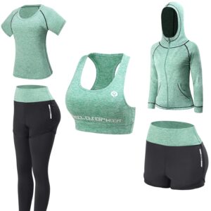 JULY'S SONG Women Workout Clothes Upgraded 5 Piece Yoga Suit Sportsuits Running Jogging Gym Workout Outfit Women's Activewear Sets Sports Exercise Fitness Clothing
