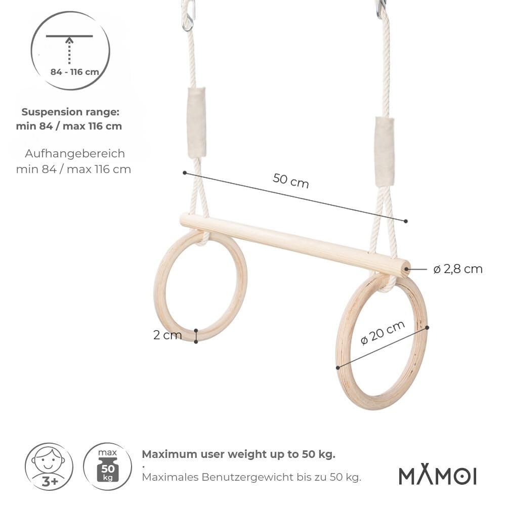 MAMOI® Trapeze bar baby swing, Indoor gymnastic rings, Monkey bars gorilla gym, Gymnastics pull up equipment for kids, Olympic rings and swings for calisthenics