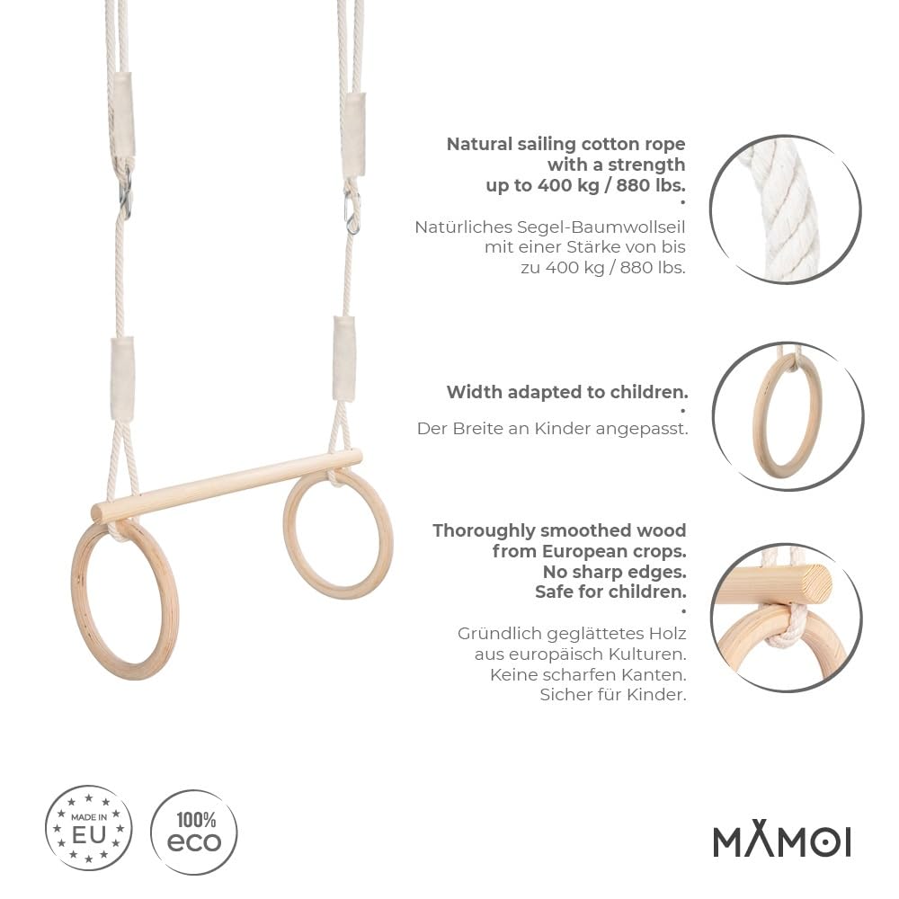 MAMOI® Trapeze bar baby swing, Indoor gymnastic rings, Monkey bars gorilla gym, Gymnastics pull up equipment for kids, Olympic rings and swings for calisthenics