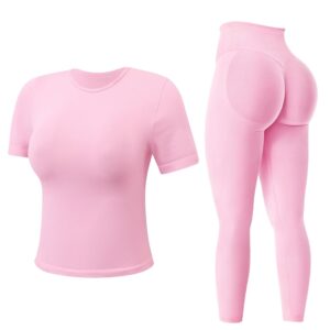 MAYROUND Gym Sets for Women 2 Piece Outfit Gym Scrunch Leggings and Short Sleeve Crop Top Set Seamless Yoga Tracksuits