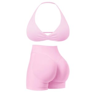 MAYROUND Workout Sets for Women 2 Piece Strappy Halter Sports Bra Scrunch Butt Shorts Gym Sets Yoga Outfits Seamless Tracksuit