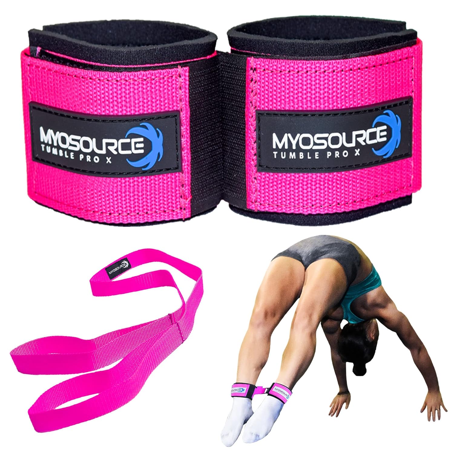 Myosource Kinetic Bands Tumble Pro X Ankle Straps Kit – Cheerleading Standing Tumbling Equipment, Gymnastics Backhandspring Trainer – Includes Flexibility Stunt Stretch...