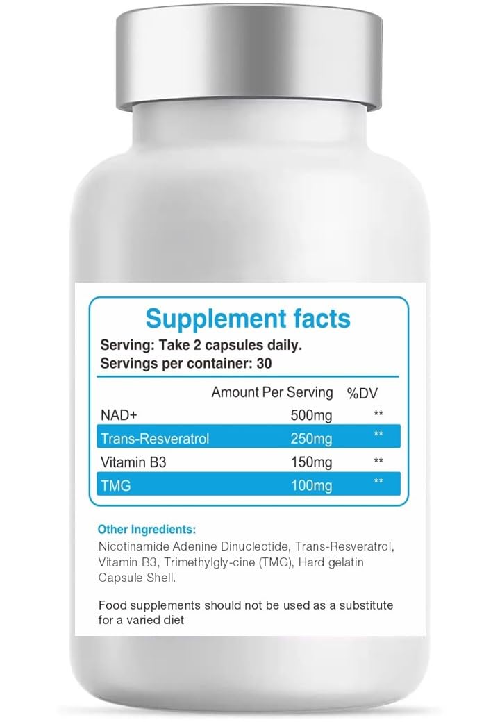 NAD+ Resveratrol Supplement, 60 Vegetarian Capsules, Healthy Ageing DNA Repair Support