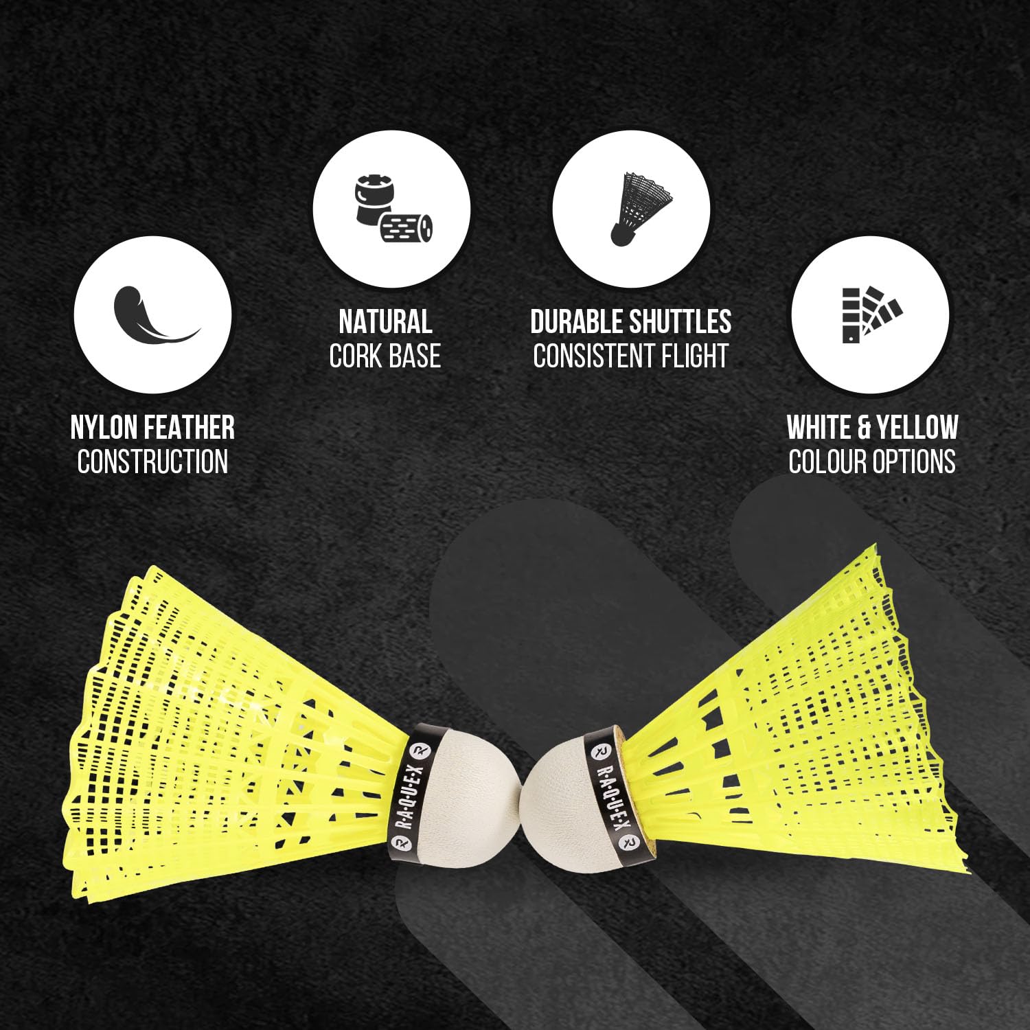 Raquex Badminton Shuttlecocks - Yellow/White, Tube of 6 - All Natural Cork Shuttlecocks, Nylon Feathers - Three Speed Options – Indoor Outdoor Durable Badminton Shuttles