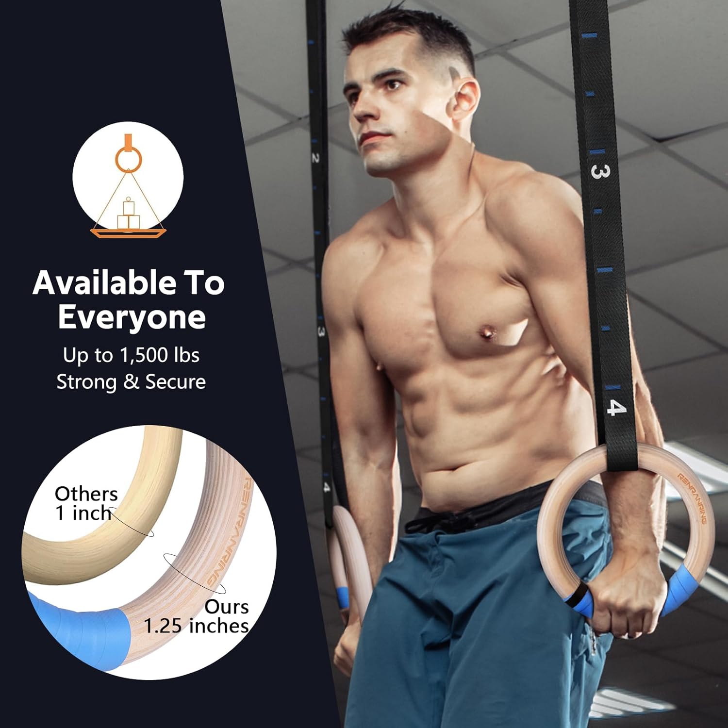 RENRANRING Gymnastic Rings Wooden Gym Rings 1.25'' Exercise Rings with Quick Adjust Numbered Straps, Olympic Rings for Home Gym Training, Workout, Calisthenics, Pull Up