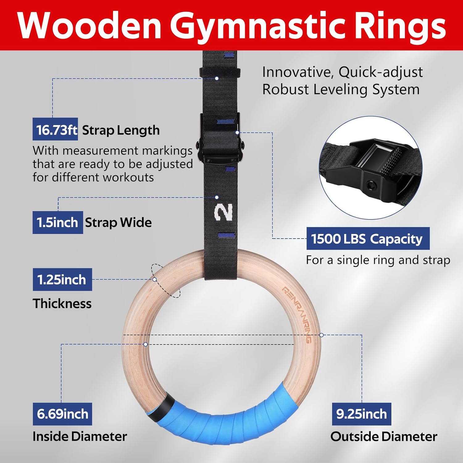 RENRANRING Gymnastic Rings Wooden Gym Rings 1.25'' Exercise Rings with Quick Adjust Numbered Straps, Olympic Rings for Home Gym Training, Workout, Calisthenics, Pull Up
