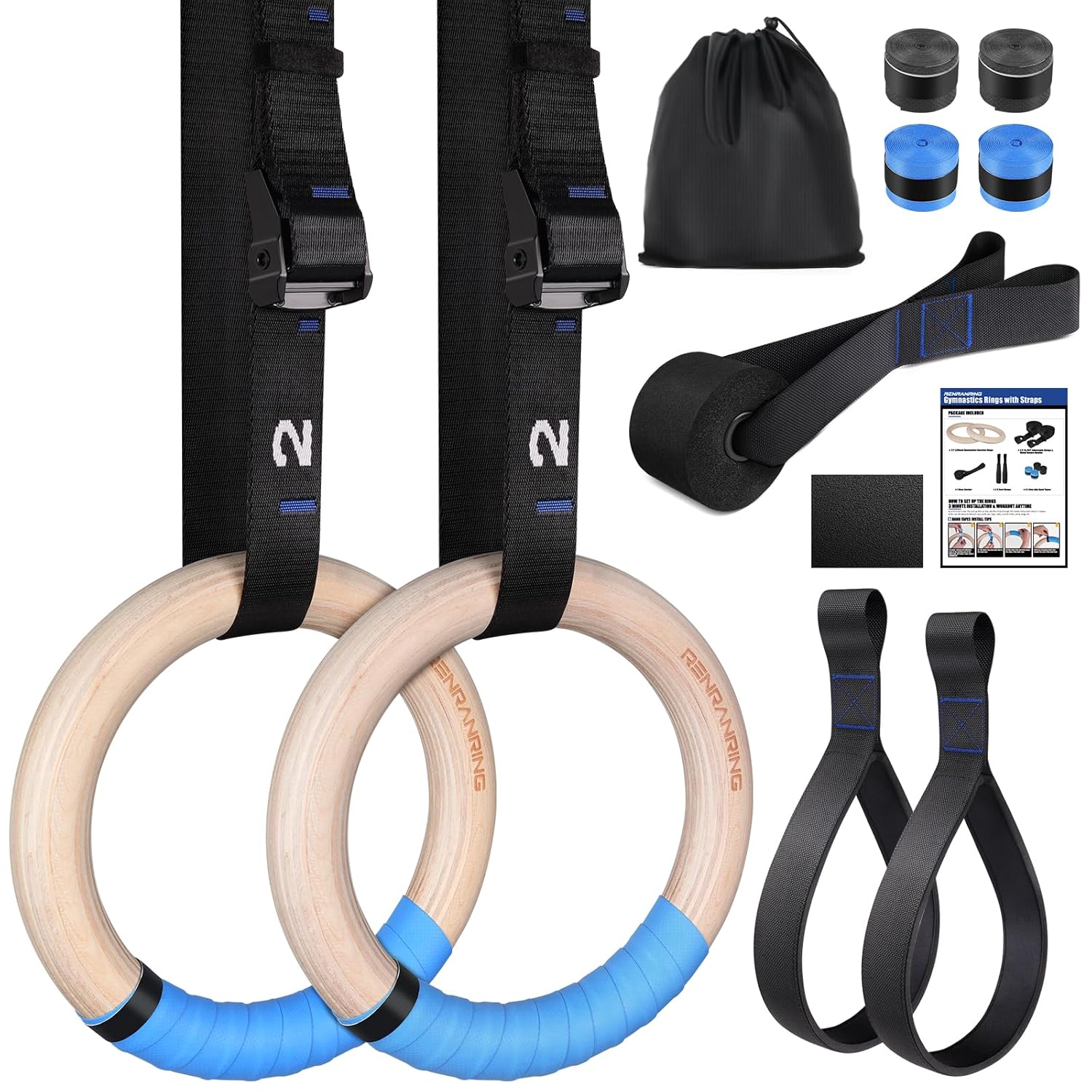 RENRANRING Gymnastic Rings Wooden Gym Rings 1.25'' Exercise Rings with Quick Adjust Numbered Straps, Olympic Rings for Home Gym Training, Workout, Calisthenics, Pull Up