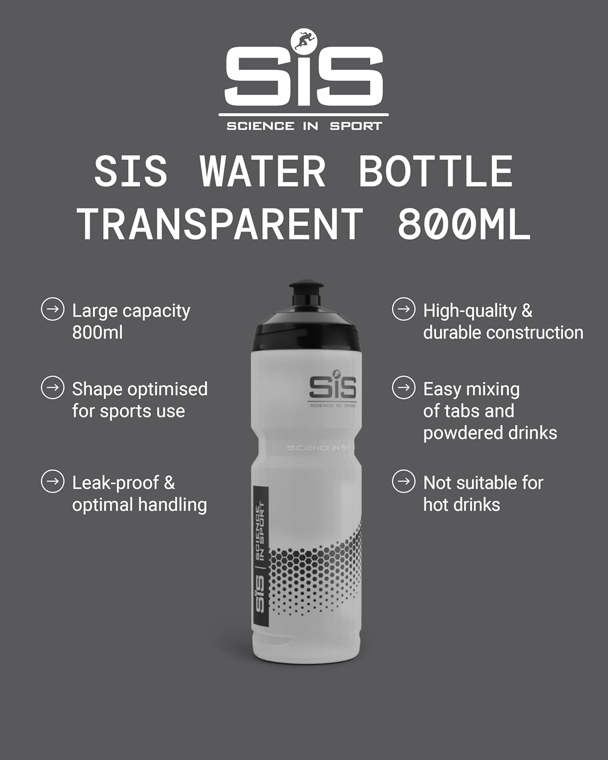 Science in Sport SIS Clear Sports Water Bottle, Plastic Water Bottle, Black Logo, Transparent Colour, 800 ml