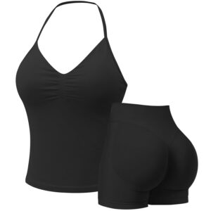 Seamless Gym Sets for Women 2 Piece Longline Strappy Top Sports Bras Hidden Scrunch Shorts Yoga Outfits Activewear Tracksuit