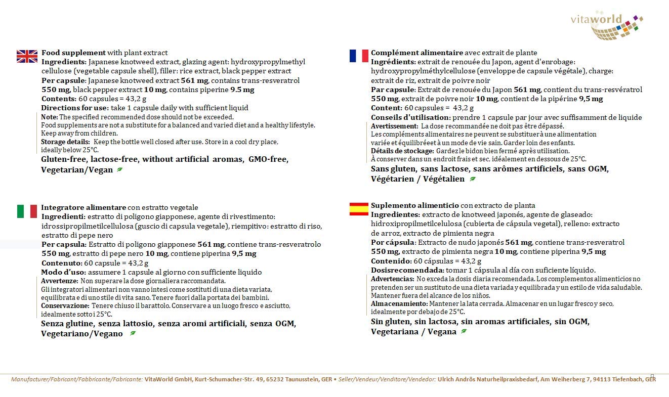 Vita World Trans-Resveratrol from Japanese Knotweed Extract 550 mg 60 Capsules Vegan/Vegetarian Made in Germany