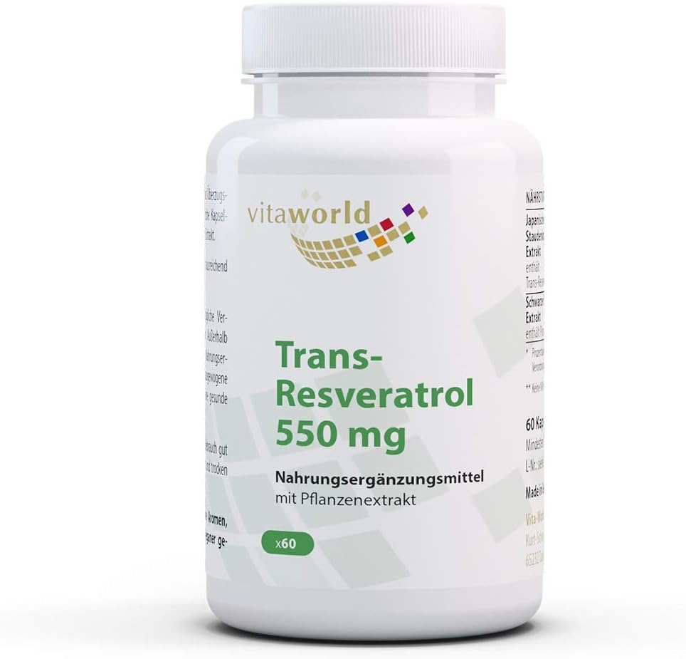 Vita World Trans-Resveratrol from Japanese Knotweed Extract 550 mg 60 Capsules Vegan/Vegetarian Made in Germany