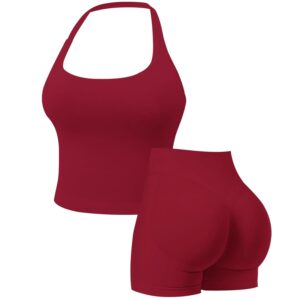 Womens Workout Sets Gym Outfits 2 Pieces Seamless Longline Halter Backless Crop Top Scrunch Bums Shorts Yoga Tracksuit